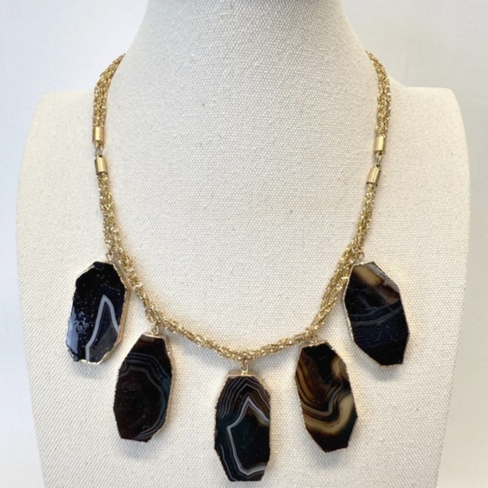 Chunky Agate Stone Necklace Gold-Tone Large‎ Statement Black